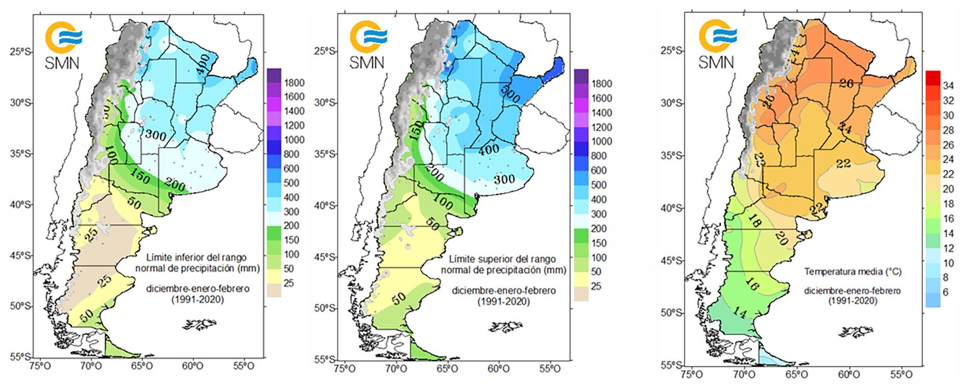 Los rangos históricos entre los meses de diciembre, enero y febrero (1991-2020), en cuanto a precipitaciones y temperaturas en Argentina (SMN)