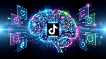 Ilustración digital de un cerebro con circuitos, el logo de TikTok, y pantallas flotantes con iconos de corazón, reloj, chat y hashtag.