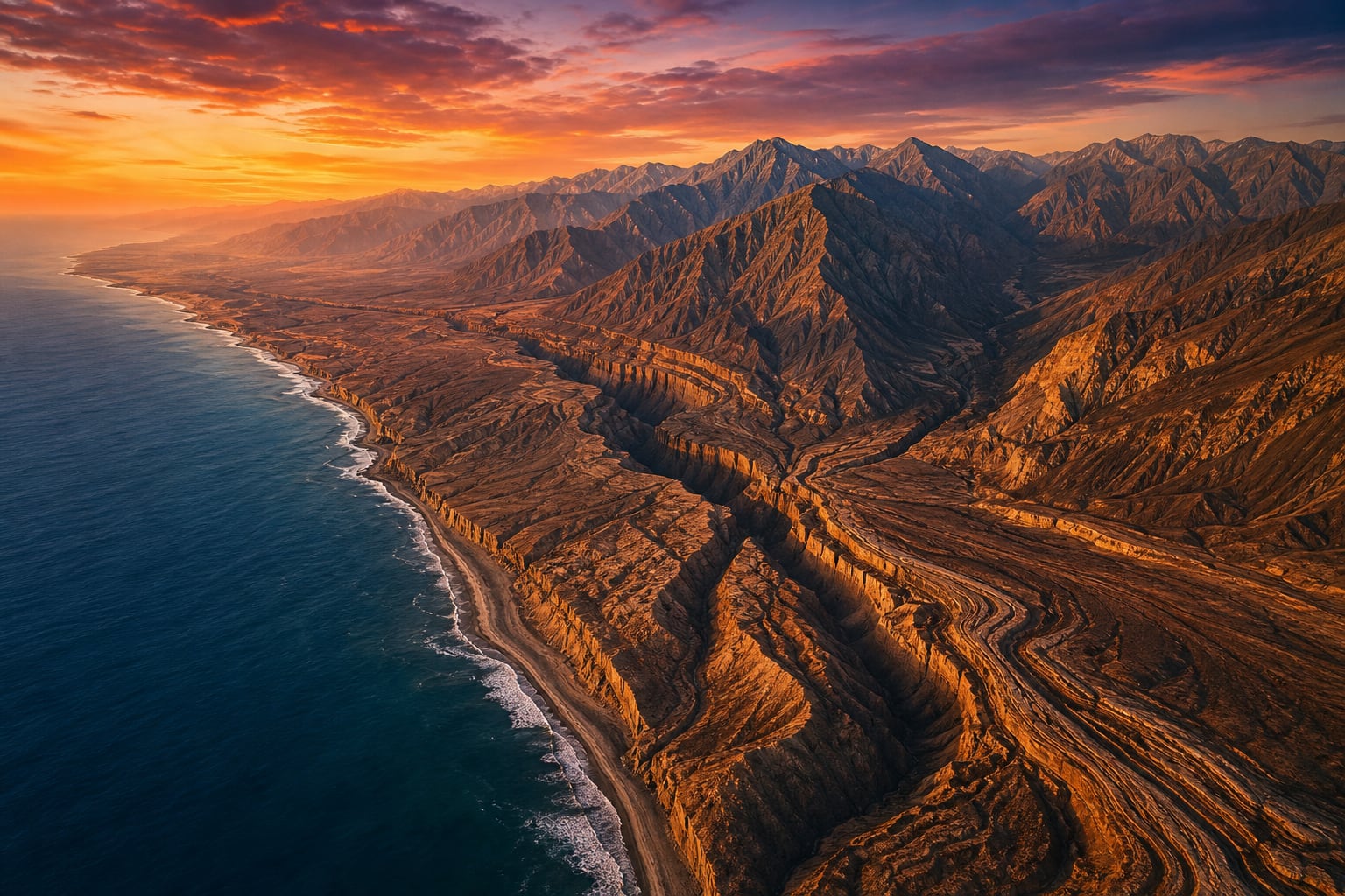 La costa del Pacífico en Perú expone una falla geológica junto a la cordillera de los Andes durante el atardecer. (Imagen Ilustrativa Infobae)