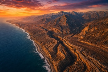 Vista aérea de cumbres montañosas, grietas geológicas en el terreno, la franja costera y el océano Pacífico con luz solar de atardecer.