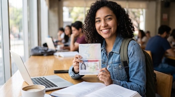 Joven mujer sonriente con cabello rizado sostiene pasaporte abierto que muestra visa de Estados Unidos. Sentada en mesa de madera con laptop, libro y café.
