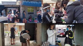Cuatro fotografías de personas con mascarillas que organizan alimentos, registran datos y saludan con el puño en la calle.