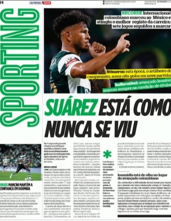 Así es como reporta el diario Record de Portugal que Sporting de Lisboa le habría pedido a la selección Colombia que Luis Javier Suárez no juegue todos los partidos - crédito Record