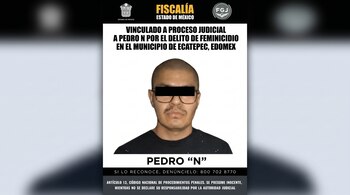 Aviso oficial con texto sobre vinculación a proceso judicial de Pedro N por feminicidio en Ecatepec. Incluye foto de un hombre con ojos cubiertos por una franja negra.