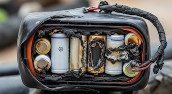 Primer plano de una batería de litio gravemente dañada y quemada, con celdas hinchadas, cableado derretido y residuos de combustión negra.