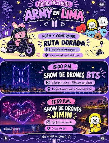 ARMY no se detiene tras el primer concierto de BTS: estas son las actividades que prepara Lima para este 8 de octubre. Captura: Lima ARMY en X.