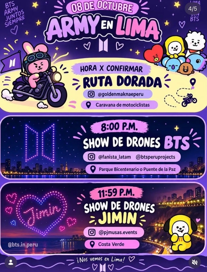 ARMY no se detiene tras el primer concierto de BTS: estas son las actividades que prepara Lima para este 8 de octubre. Captura: Lima ARMY en X.