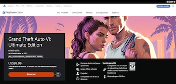 Página web de PlayStation Store para el juego Grand Theft Auto VI: Ultimate Edition, con ilustración de dos personajes, precio, detalles y botón Reservar