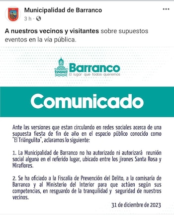 Comunicado de la Municipalidad de Barranco.