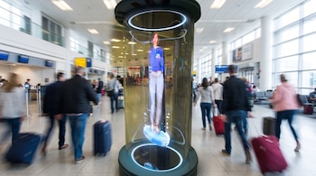 Holograma de figura femenina en uniforme azul dentro de un tubo transparente iluminado, rodeada de pasajeros con valijas en movimiento en una terminal de aeropuerto.