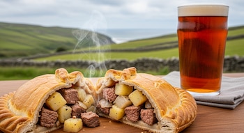 Pasty de Cornualles cortado por la mitad con relleno de carne, patata y nabo, humeante, junto a una cerveza en una mesa de madera con paisaje rural y costa.
