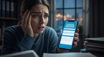 Primer plano de una mujer joven con expresión angustiada mirando la pantalla de un smartphone que muestra un formulario de registro de línea celular.