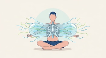 Ilustración de una persona sentada en postura de yoga con el torso revelando el esqueleto torácico, rodeado por un globo translúcido y líneas de aire.