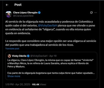 Clara López contestó al mensaje