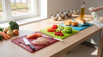 Vista aérea de una mesa de madera con tres tablas de cortar con salmón crudo, pollo, verduras frescas y pan. Hay boles metálicos, aceite y una mano rociando un limpiador.