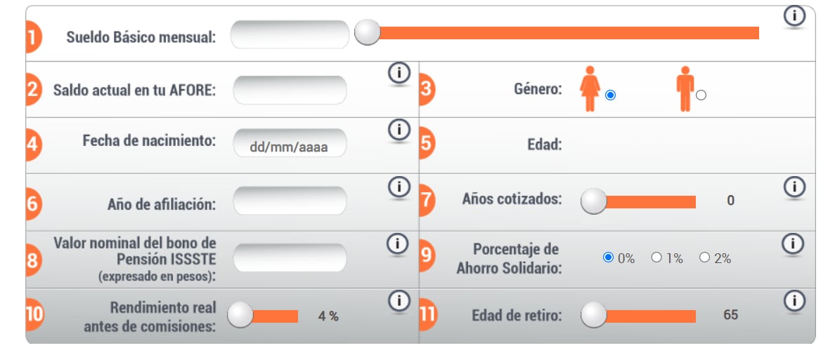 Tabla de datos de la calculadora de Pensionissste
