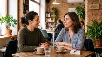 Dos mujeres sentadas a una mesa de madera con tazas de café y una libreta frente a una pared de ladrillo con un cartel decorativo.