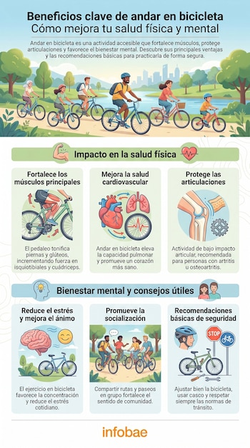 Infografía ilustrada con personas en bicicleta, diagramas del cuerpo humano destacando músculos, órganos, articulaciones y consejos para una práctica segura.