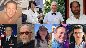 Collage de nueve retratos de personas, la mayoría hombres y una mujer, con diferentes atuendos y fondos