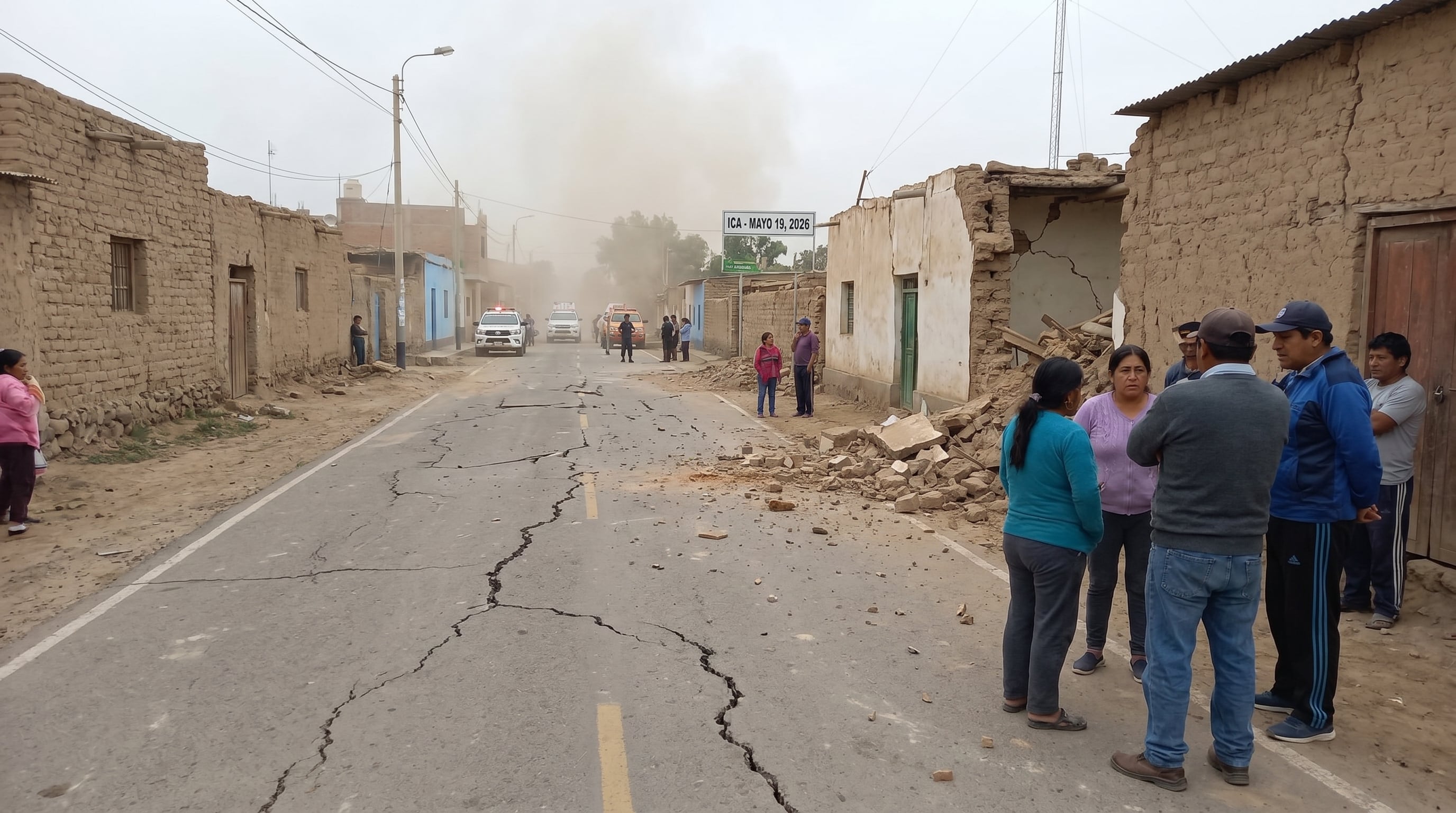 Residentes observan los daños en calles y viviendas de adobe en Ica, luego de un fuerte sismo el 19 de mayo, con vehículos de emergencia llegando al lugar. (Imagen Ilustrativa Infobae)