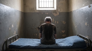 Un hombre de edad avanzada con cabello canoso está sentado de espaldas en una cama de una celda de prisión con paredes descascaradas y ventana enrejada.