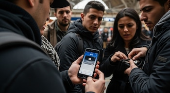 Primer plano de varias personas mirando un iPhone que muestra la aplicación Apple Pay, mientras una persona manipula una billetera.