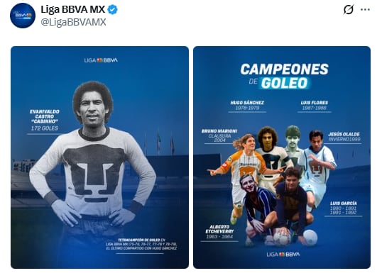 La Liga MX destacó la historia y tradición de Pumas, con homenajes a goleadores históricos como Cabinho, Hugo Sánchez y Bruno Marioni.