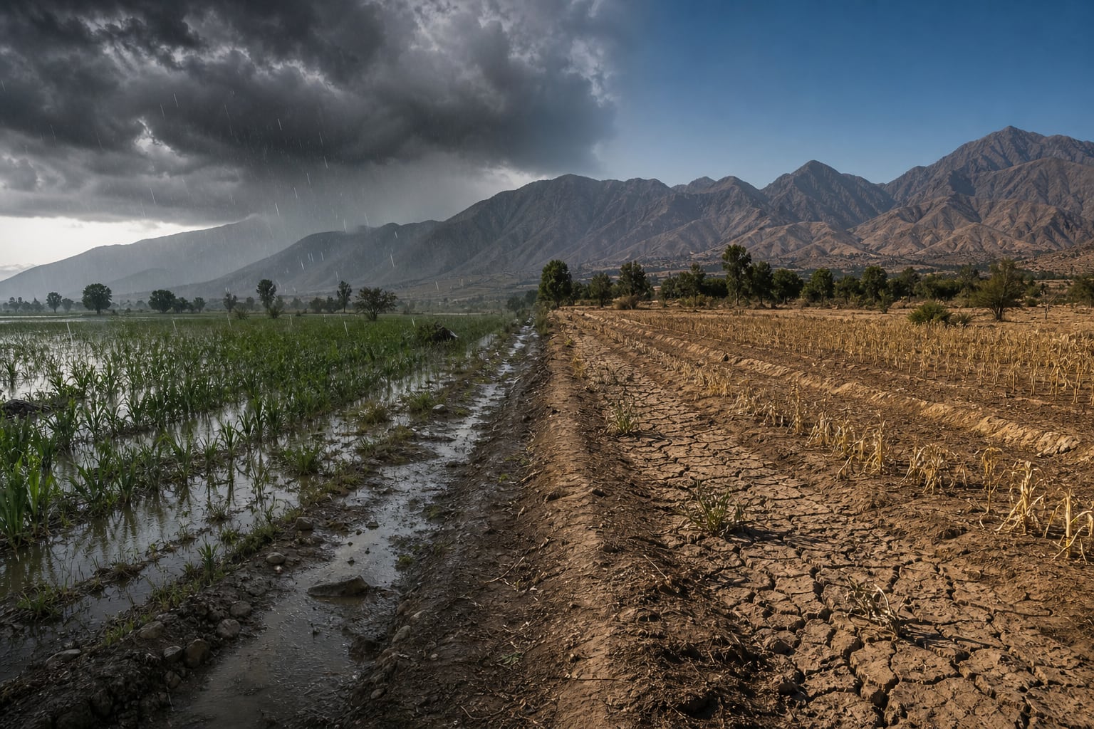 Un paisaje agrícola presenta la división entre parcelas anegadas por lluvias y terrenos secos por la falta de agua. (Imagen Ilustrativa Infobae)