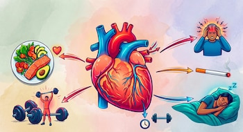 Ilustración de un corazón humano rodeado por elementos que representan dieta, ejercicio, estrés, tabaquismo y descanso