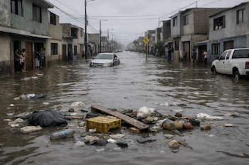 Calle inundada, agua estancada, basura flotante, coche plateado, camioneta blanca, casas bajas, edificios, personas en ventanas y puertas, postes, cables, señal de tráfico.
