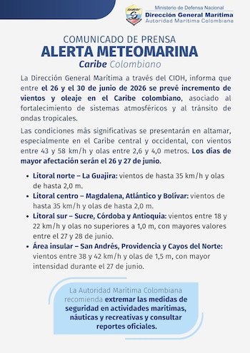 La alerta marítima en el Caribe colombiano podría afectar actividades de pesca, turismo, navegación y recreación, con mayor impacto en altamar y zonas costeras del norte - crédito @Dimarcolombia/X