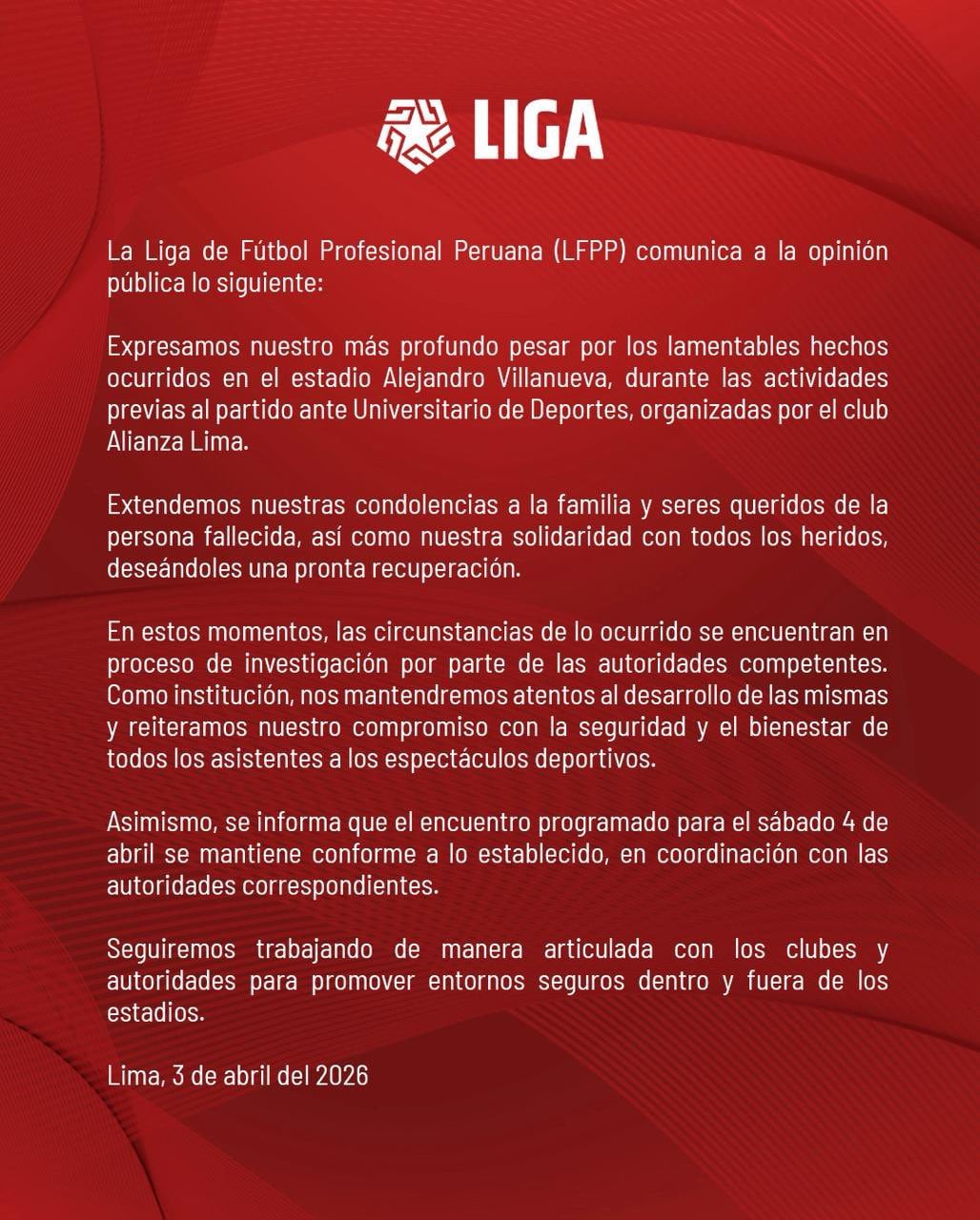 Liga 1 informó que el clásico entre Universitario y Alianza Lima no se cancelará.