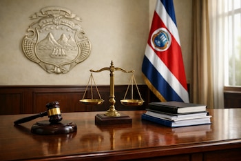 Una sala con mesa de madera oscura, mazo de juez, balanza de la justicia, documentos encuadernados, bandera de Costa Rica y escudo nacional en la pared.