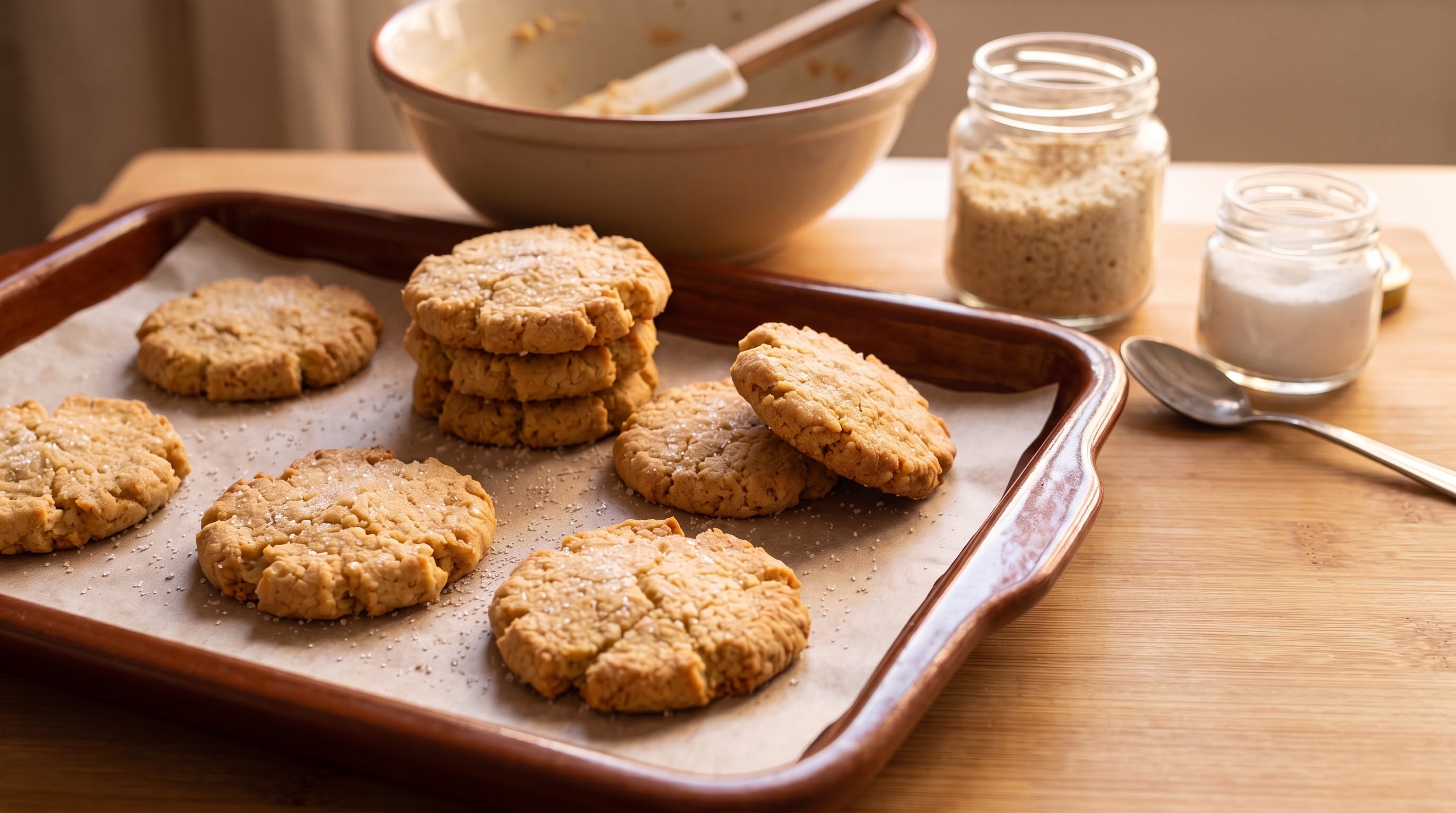 Varias galletas caseras reposan sobre una bandeja junto a frascos de ingredientes y un recipiente de mezcla. (Imagen Ilustrativa Infobae)