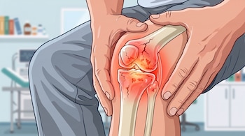 Ilustración de dos manos sujetando una rodilla que expone la vista interna de huesos con grietas rojas en un consultorio.