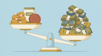 Ilustración de una balanza con piernitas de pollo, arroz y una moneda de córdoba a la izquierda; el plato derecho, con una pila de billetes, está hundido.