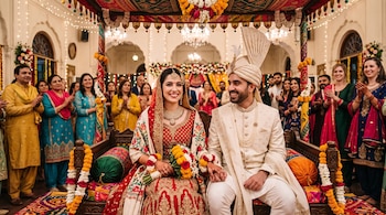 Una novia vestida de rojo y un novio con traje claro y turbante permanecen sentados tomados de la mano mientras varias personas aplauden.