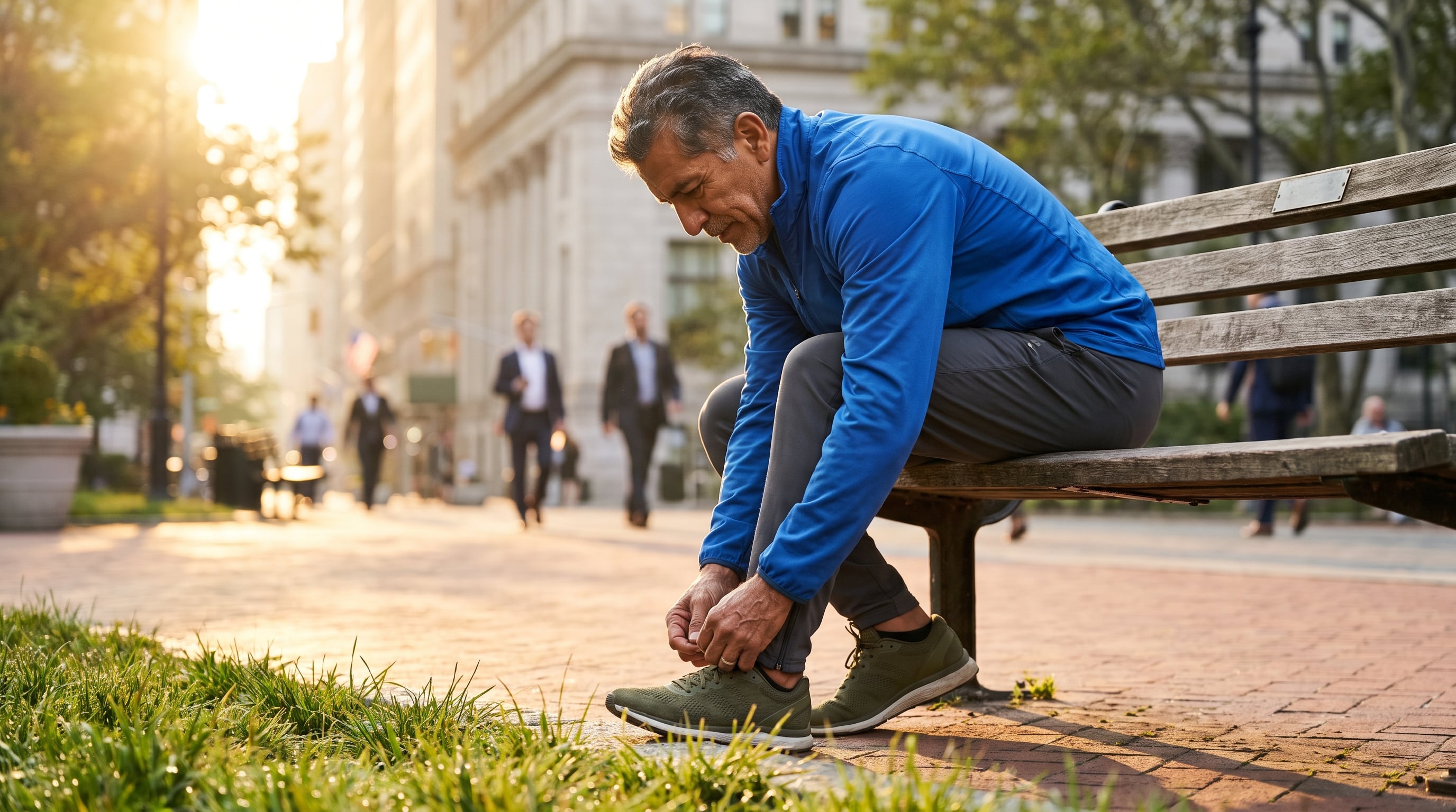 Un hombre de edad avanzada ajusta el calzado deportivo en un banco de parque durante una sesión de entrenamiento al amanecer. (Imagen Ilustrativa Infobae)