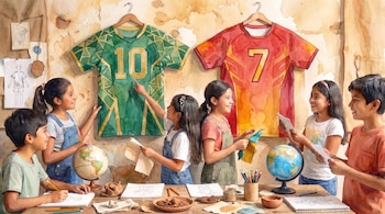 Seis niños y niñas en un taller con dos camisetas deportivas colgando, dos globos terráqueos, hojas de papel, lápices de colores y trozos de tela.