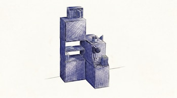 Ilustración digital de un mueble modular azul con compartimentos y estantes. Se aprecian libros, un portalápices y auriculares sobre un fondo blanco.