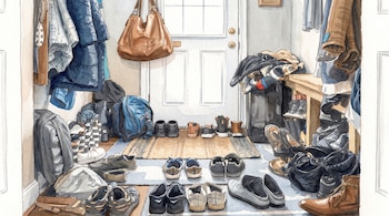 Un recibidor muestra una puerta blanca, un banco, una cartera, abrigos colgados y una mochila azul, con numerosos pares de zapatos en el suelo.