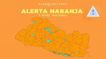 Un mapa de El Salvador en tonos naranja con el texto "ALERTA NARANJA A NIVEL NACIONAL" en amarillo y un ícono de advertencia triangular.