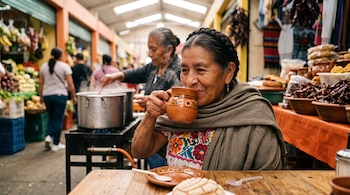 Una mujer con rebozo bebe de una taza de barro sentada a una mesa de madera en un mercado con puestos al fondo.