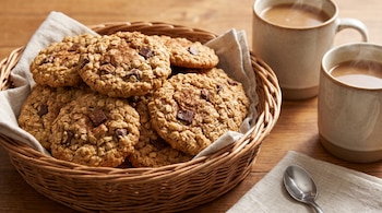 Canasta de mimbre con galletas de avena, chocolate y canela, dos tazas de café humeante y una cuchara sobre servilleta de tela en mesa de madera.