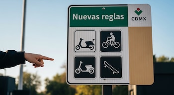 Mano señalando cartel blanco y verde con texto "Nuevas reglas" y logo CDMX, incluye pictogramas de motoneta, bicicleta, patinete y patineta.