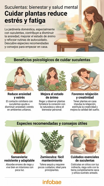 Infografía sobre beneficios de suculentas para la salud mental. Muestra una mujer regando, meditando, sonriendo y durmiendo con plantas, y tipos de suculentas.