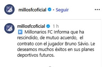 Bruno Sávio sale de Millonarios