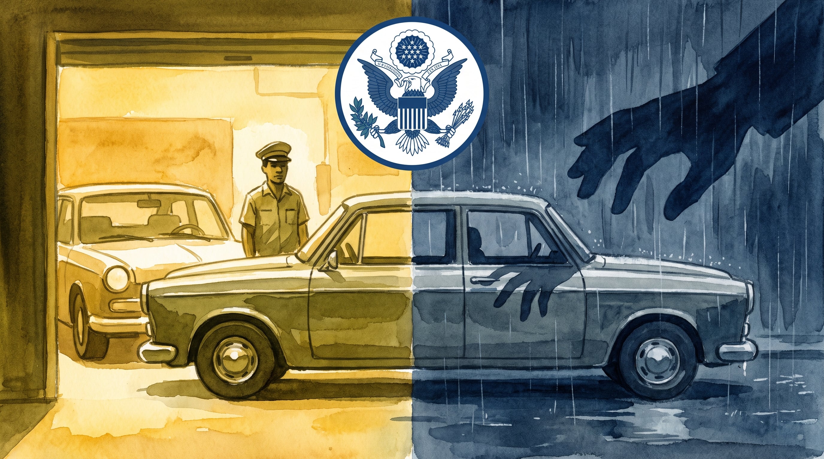 Una ilustración contrasta un automóvil resguardado en un garaje frente a otro expuesto al robo en la calle bajo el escudo de Estados Unidos. (Imagen Ilustrativa Infobae)