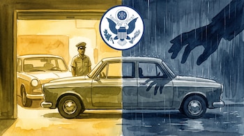 Ilustración de un automóvil dividido entre un garaje iluminado con un parqueador y una calle oscura bajo la lluvia con el escudo estadounidense.