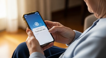 Manos de una mujer anciana sujetan un teléfono inteligente que muestra en pantalla una transferencia digital de trece millones de pesos argentinos.